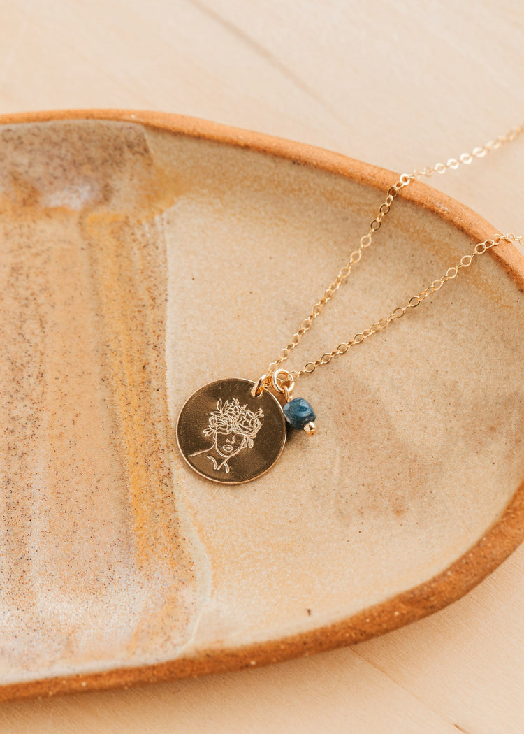 Gold Hello Adorn Mental Health necklace with circular pendants and meaning charms