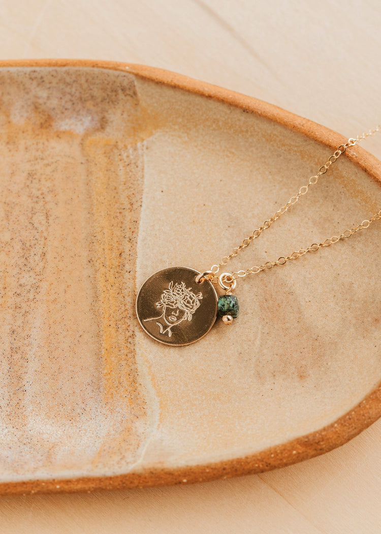 Gold Hello Adorn Mental Health necklace with circular pendants and meaning charms