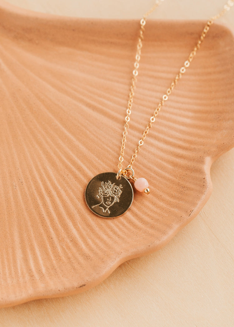 Gold Hello Adorn Mental Health necklace with circular pendants and meaning charms
