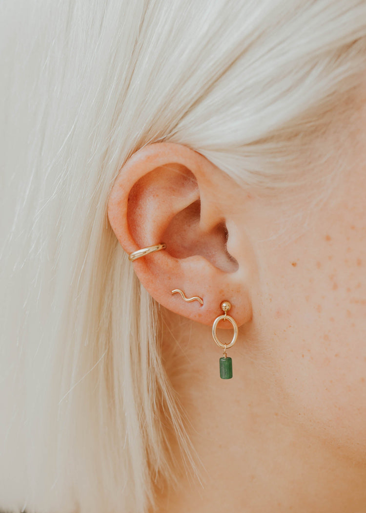 14k gold fill Tiny Wave Ear Climber earring in second lobe piercing styled with green gemstone drop hoop and ear cuff by Hello Adorn