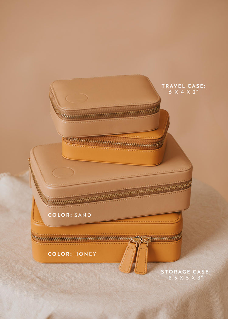 Hello Adorn's jewelry cases shown in two sizes, a travel jewelry organizer and a jewelry storage case.