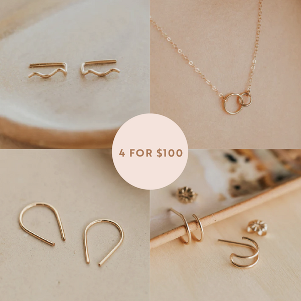 Collage of gold jewelry including earrings and a necklace on a neutral background.