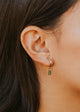 Close-up of an ear with gold and green earrings against a blurred background