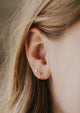Circle stud earrings styled with gold twist earrings in an ear by Hello Adorn.
