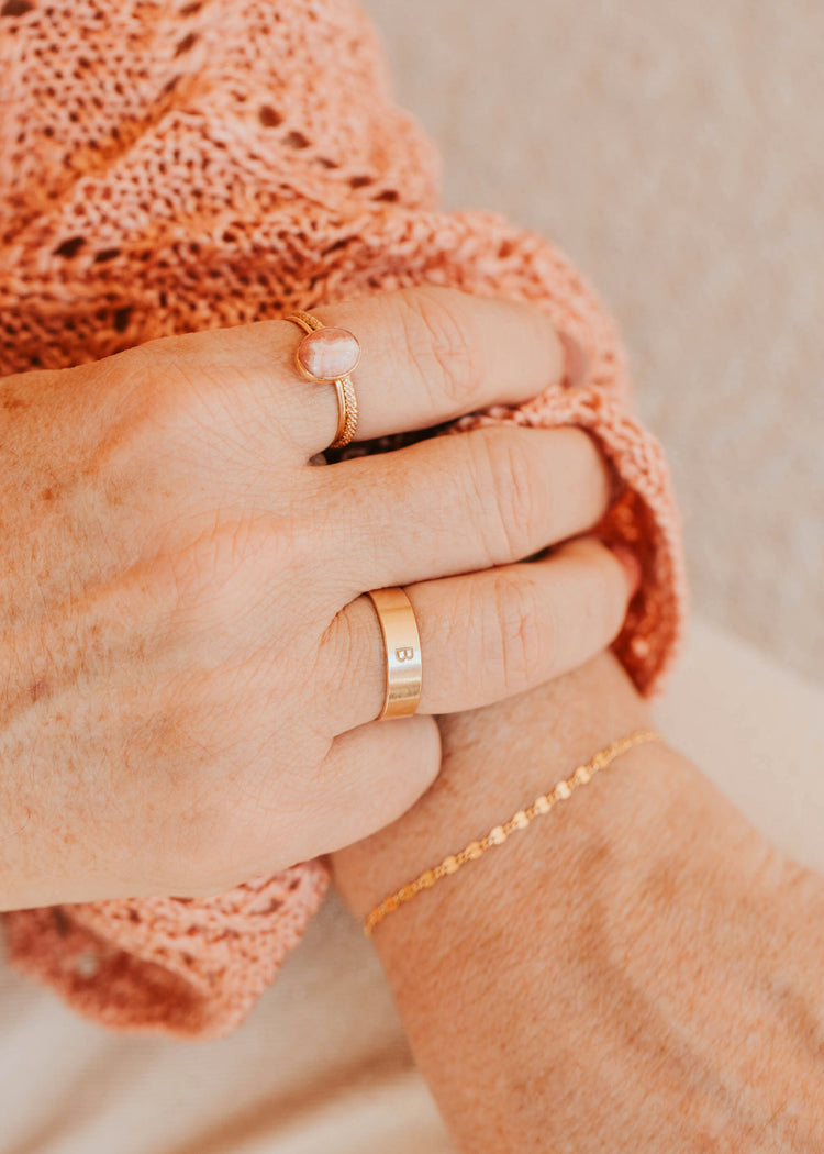 14K Gold Fill Bold Initial Band by Hello Adorn - worn on model's finger alongside Rosalie ring and stacked rings