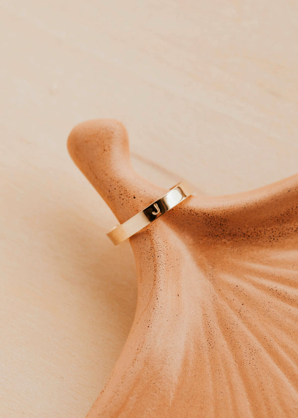 14K Gold Fill Classic Initial Band by Hello Adorn - single slim gold band engraved with letter J on ceramic prop