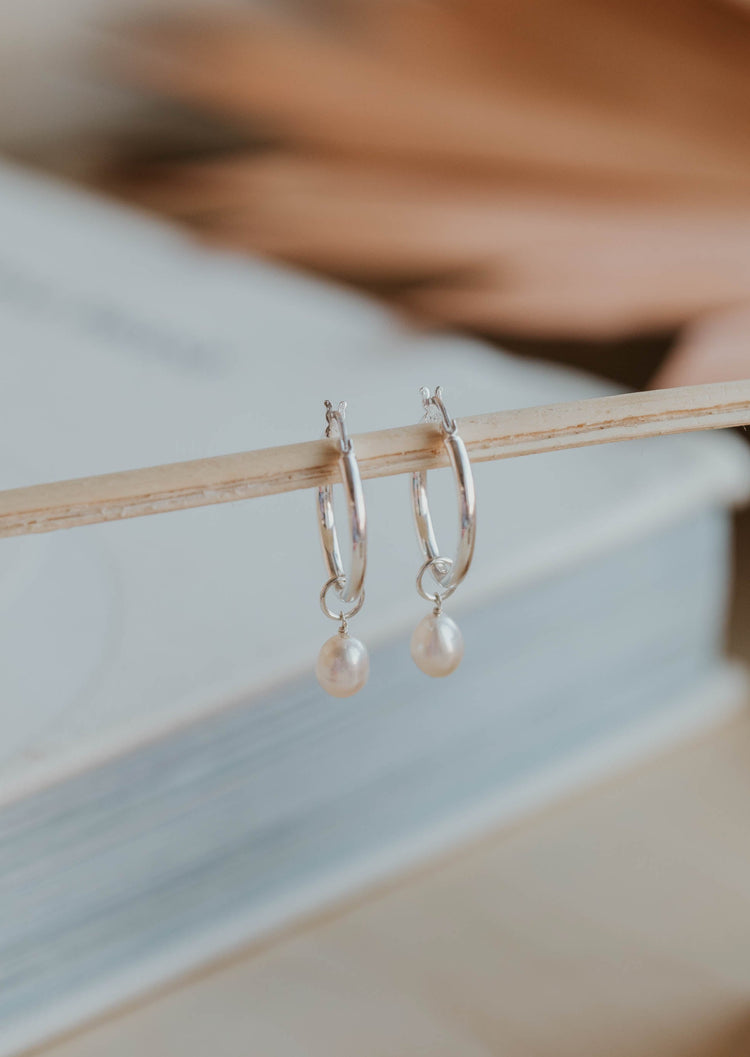 silver pearl earrings with hoop charms