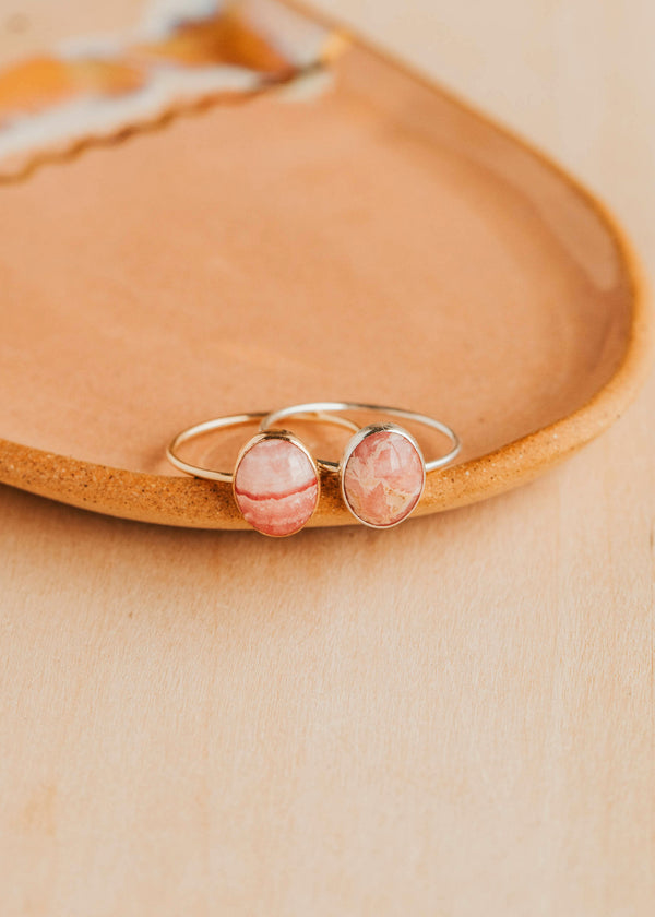 14K Gold Fill and Sterling Silver Rosalie Ring by Hello Adorn - two pink stone oval rings displayed on ceramic dish