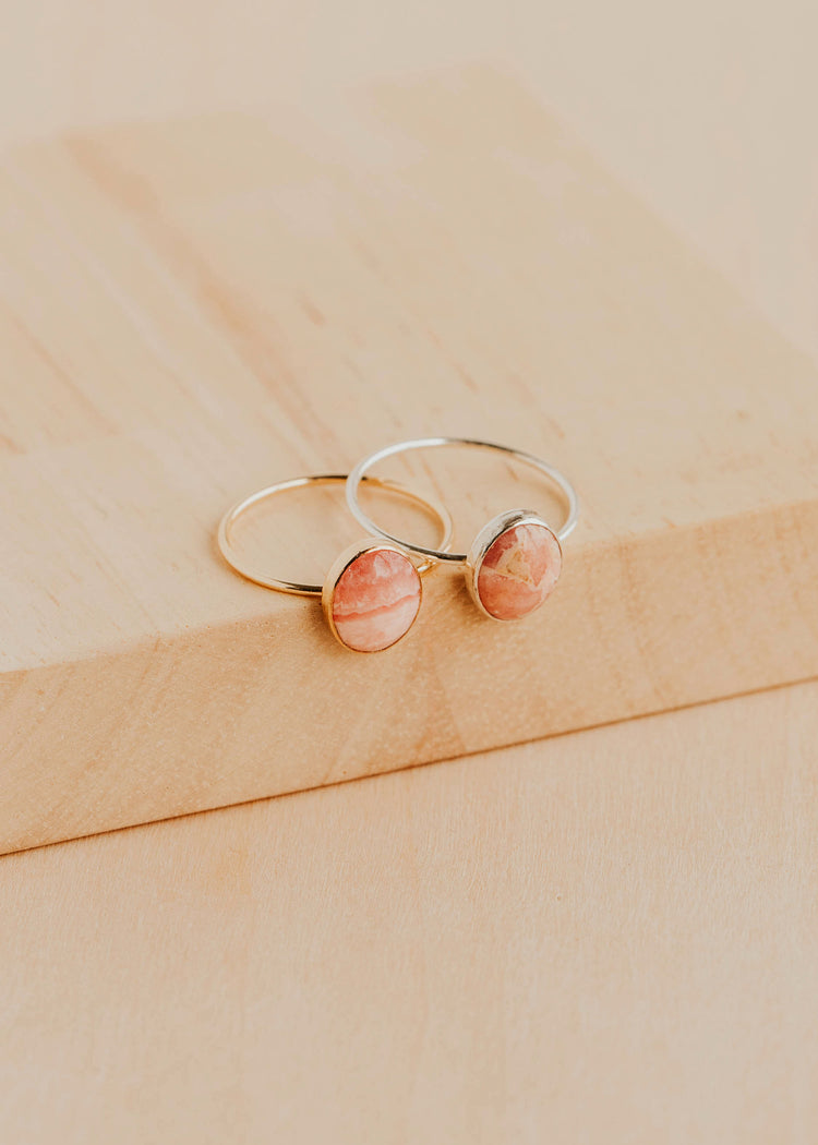 14K Gold Fill and Sterling Silver Rosalie Ring by Hello Adorn - two pink stone rings side by side on wood surface