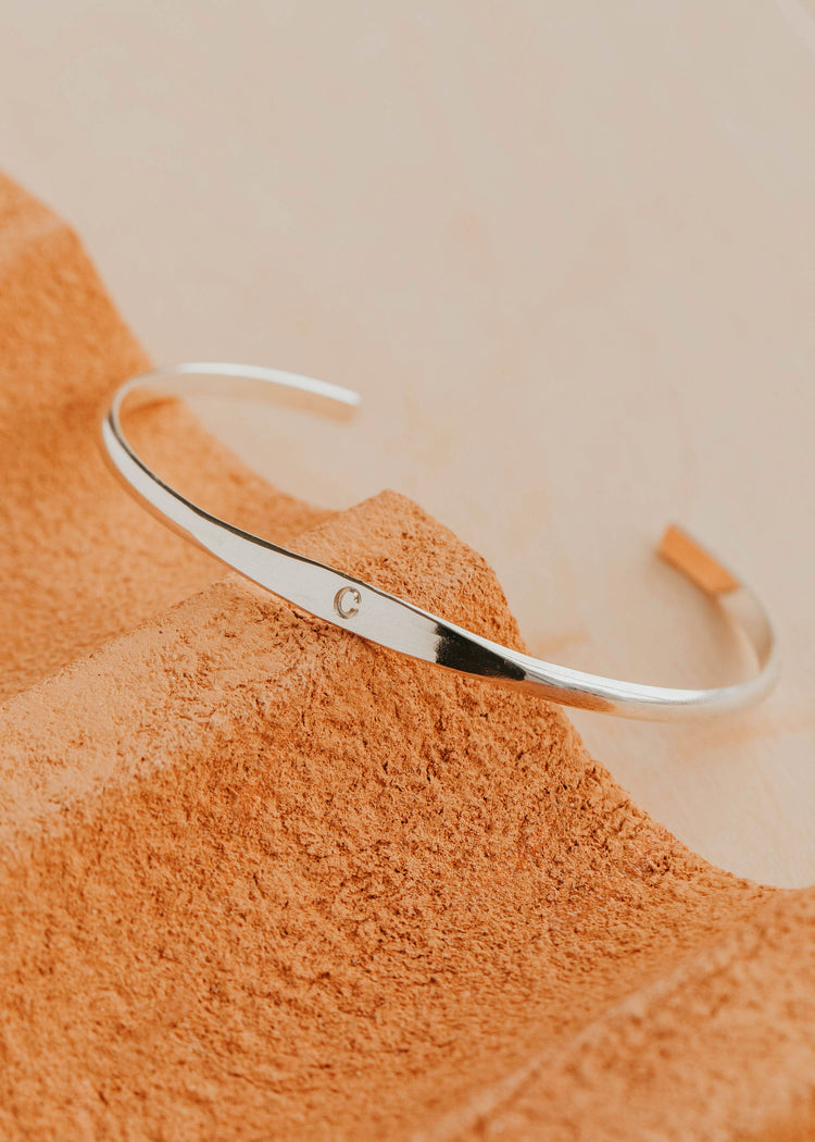 14K Gold Fill Signet Cuff by Hello Adorn - worn on model's wrist stacked with satellite chain bracelet