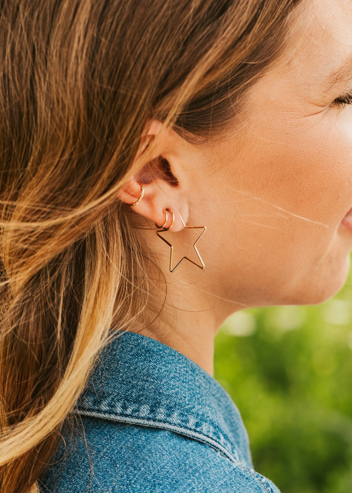 Hello Adorn Star Threader Earrings styled on a model for everyday wear.