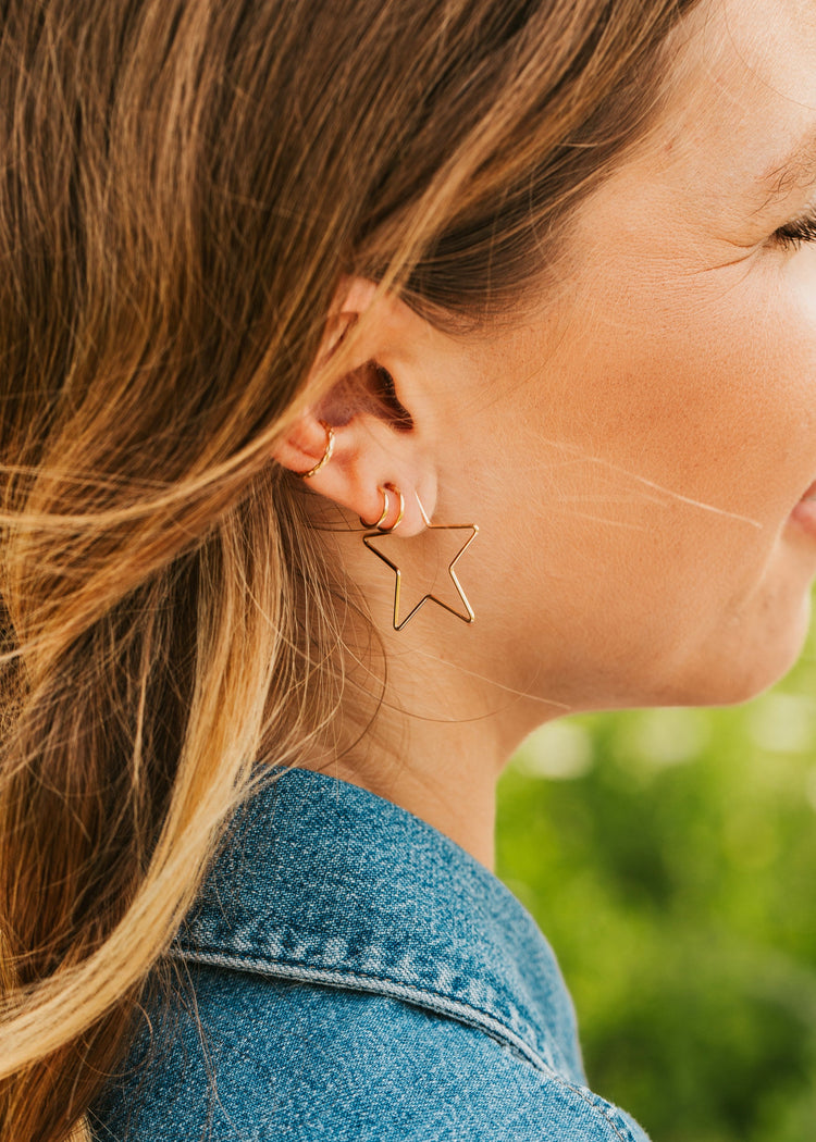 Hello Adorn Star Threader Earrings styled on a model for everyday wear.