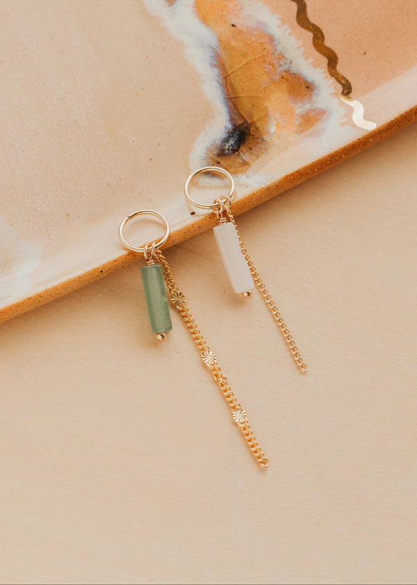 Gold Hello Adorn Bikini Charms with green and clear beads on a beach settings