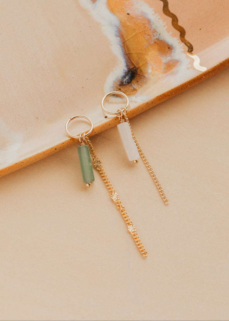 Gold Hello Adorn Bikini Charms with green and clear beads on a beach settings