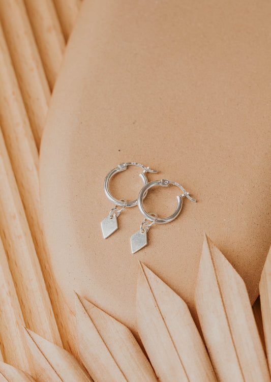 silver diamond hoop charm earrings
