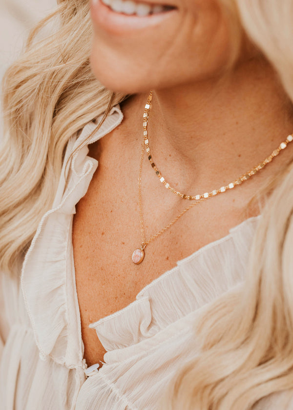14K Gold Fill Rosalie Necklace by Hello Adorn - worn on smiling model layered with coin chain necklace