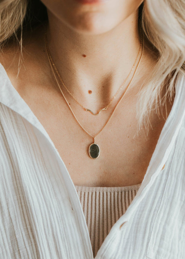 Close-up of a person wearing a necklace with a pendant, dressed in a white shirt.