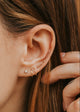 Close-up of an ear with gold earrings and hair being adjusted.