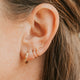 Close-up of an ear wearing gold hoop earrings with a blurred background