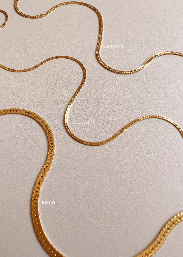 Herra gold chain necklace in three different styles of delicate chain necklace, classic, and bold chain necklace by Hello Adorn.