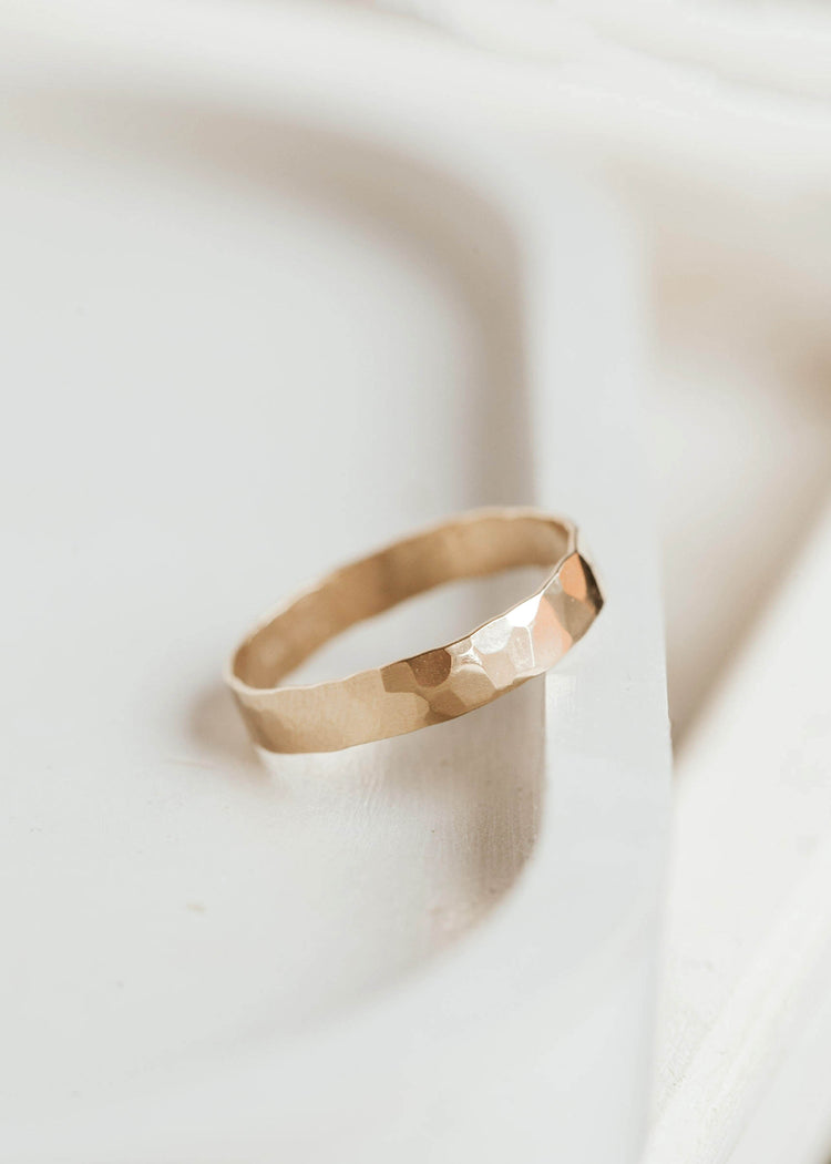 Gold statement ring in cigar band hammered ring style by Hello Adorn.