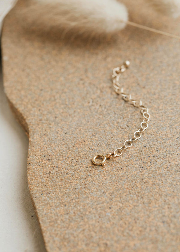 A close up look of Hello Adorn's extender chain for necklaces in order to change the chain lengths for necklaces.
