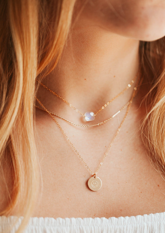 14kt Gold Fill layered necklaces featuring a cushion cut moonstone.