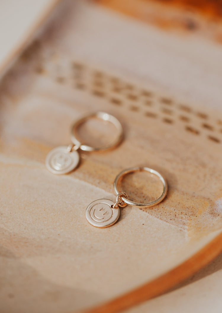 Smiley Face Earrings in 14kt Gold Fill attached to Endless Hoops