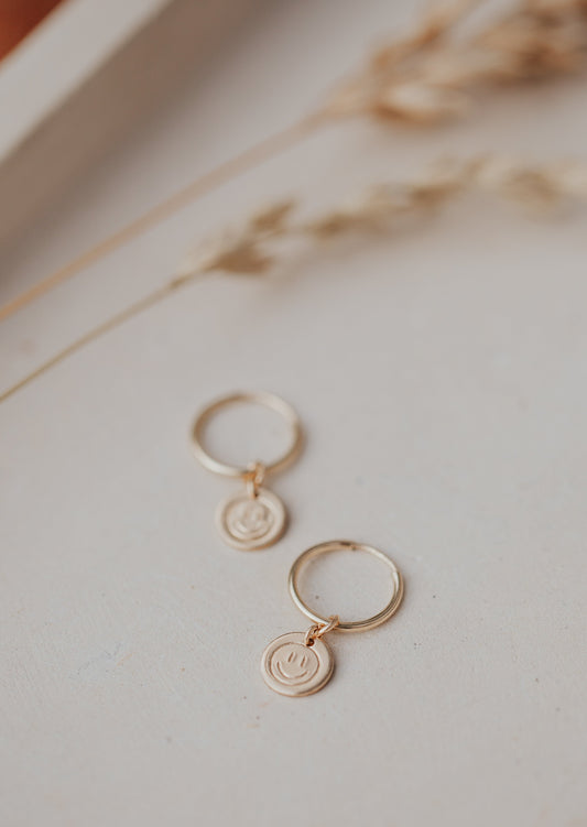 14kt Gold Fill Smiley Face Drop Hoop Earrings