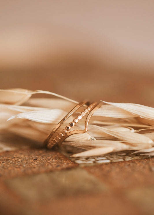 Valley trio by Hello Adorn featuring a thin ring, beaded ring, and a curved ring giving stacking rings ideas in 14k gold fill.